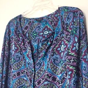 TALBOT'S Blue Brown Purple Paisley V-Neck  Long Sleeve Blouse